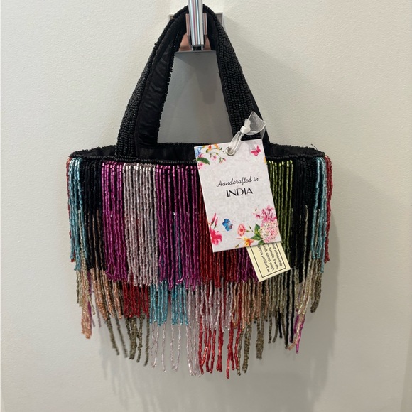 NWT Made in India Multicolor Beaded Fringe Tote Bag - Picture 3 of 5